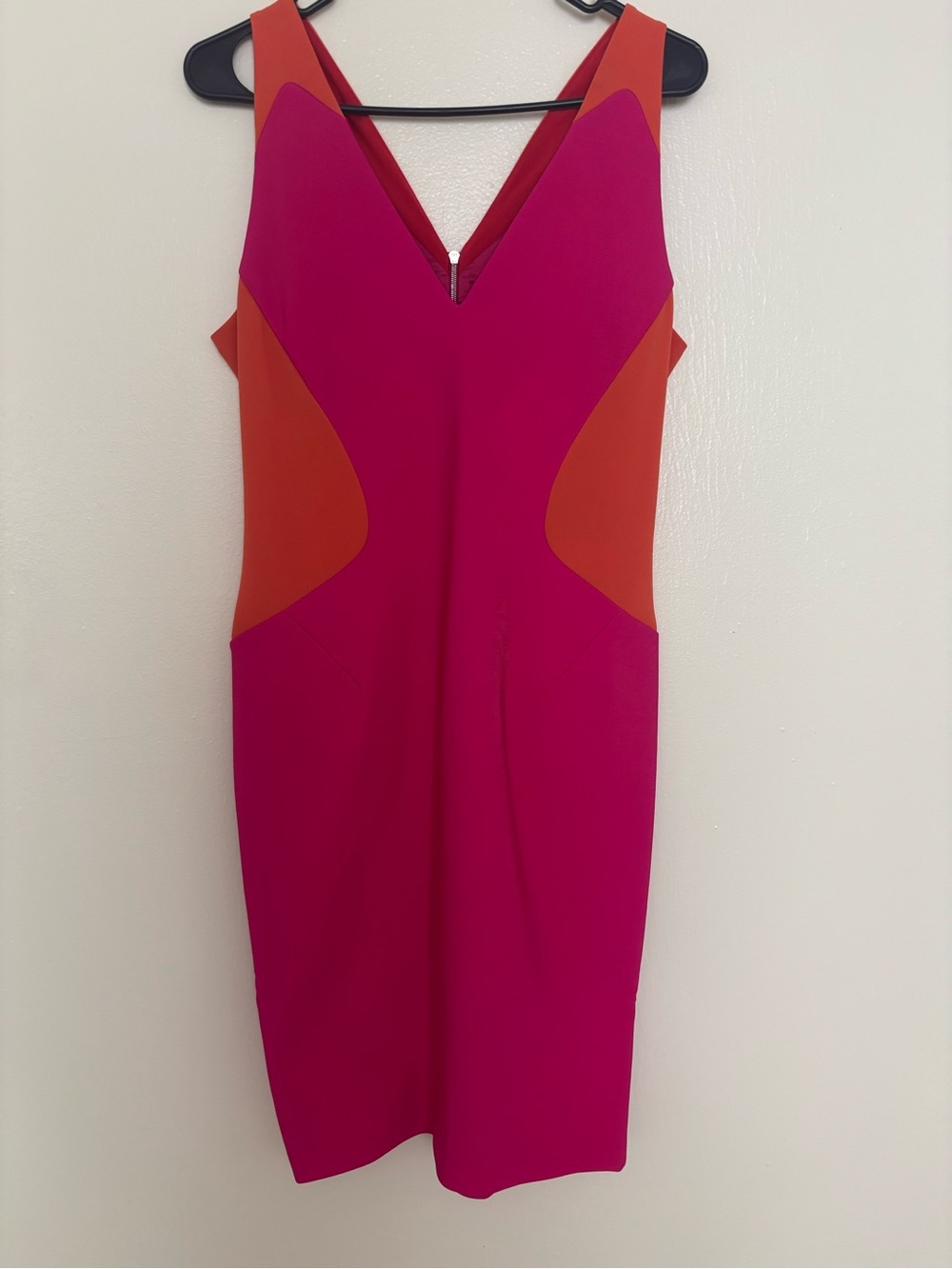 MUGLER Fuchsia and Orange Colorblock V-Neck Sheath Dress